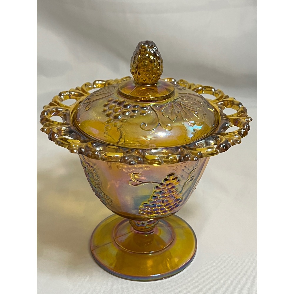 Vintage Amber Carnival Glass Grape Pattern Lidded Candy Dish Lace Edge Compote